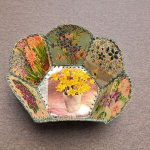 VINTAGE HANDMADE CROCHET KEEPSAKE BASKET FLORAL CARD EPHEMERA REPURPOSED DECOR